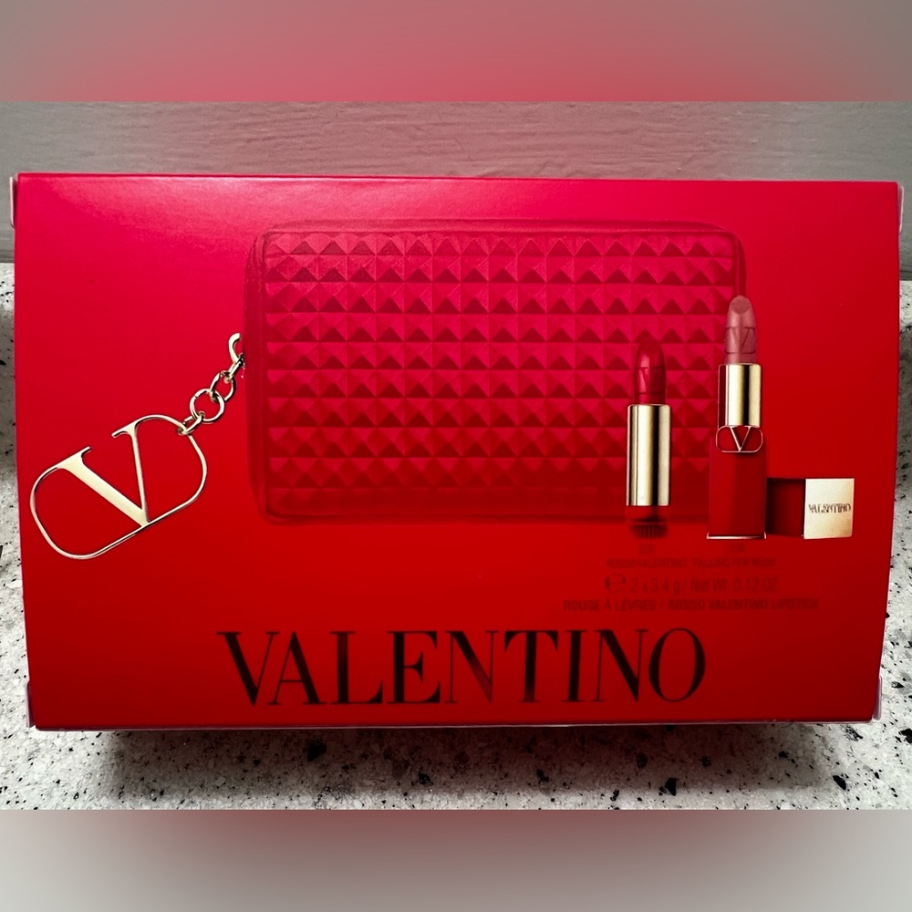 Valentino Red Quilted Wallet and Lipstick Duo Set
